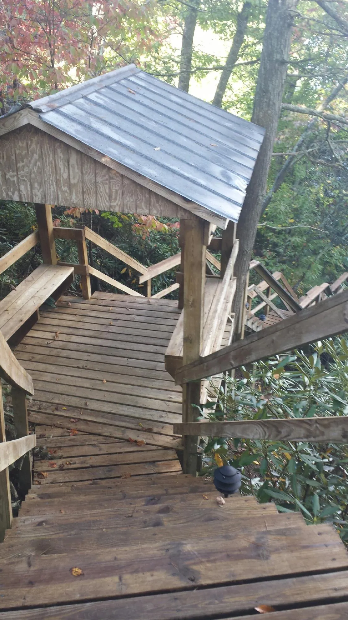 Metal roofed shelter over wooden steps on a wooded walkway — Skylight Repair & Installation work by our crew in Hankinson
